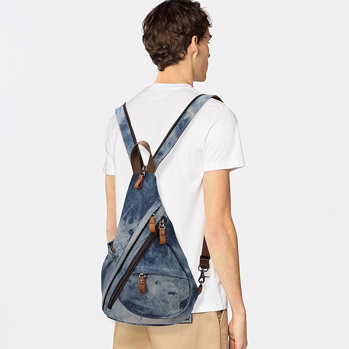 KL928 Canvas Sling Bag - Small Crossbody Backpack Shoulder Casual Daypack Rucksack for Men Women(Blue-white Washed)