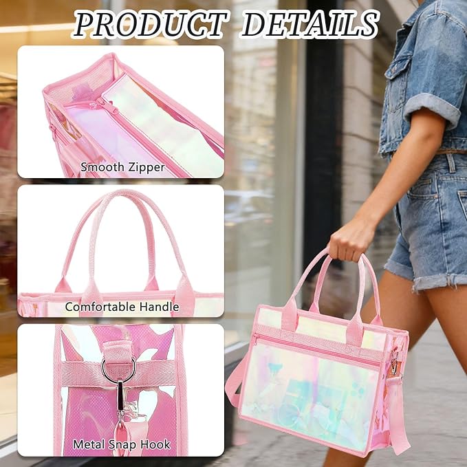 Iridescent Clear Beach Bag for Women, Large Pool Tote Cruise Vacation Essentials - Waterproof, Zipper Closure