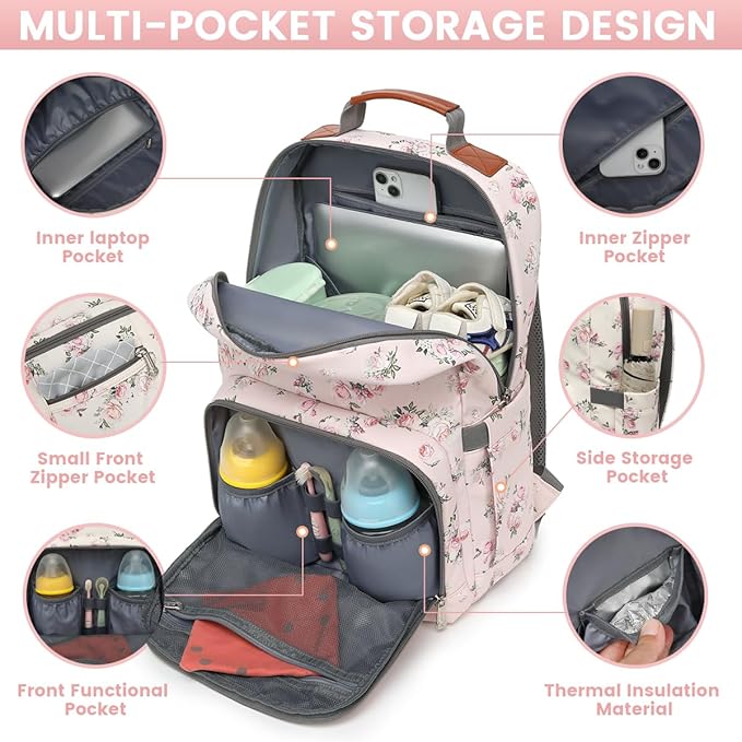 Diaper Bag Backpack, Large Baby Nappy Bags with Portable Changing Pad for Boys and GirlsMultifunction Travel Baby Bag for Moms Dads, Shower Gifts Waterproof and Stylish，Flower Pink