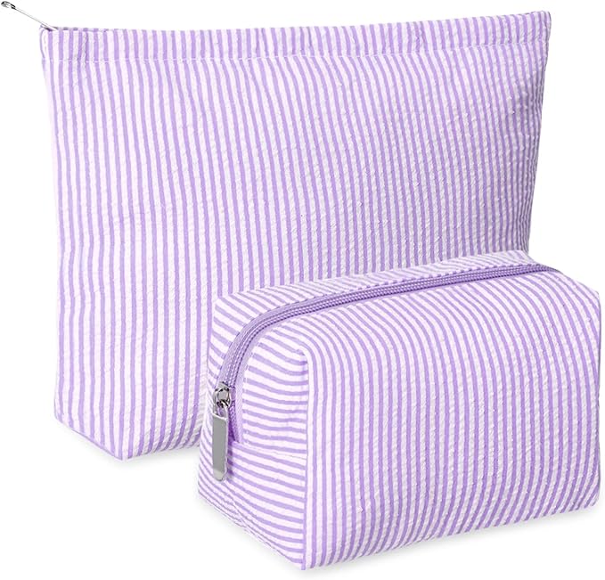 2 Pcs Makeup Bag Set Cute Cosmetic Pouch for Women Seersucker Travel Toiletry Bag Preppy Small Makeup Purse Pouch Aesthetic Skincare Brushes Storage Organizer for Valentine Women(Purple)