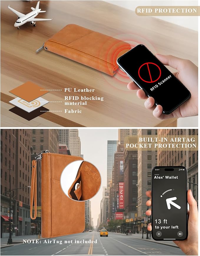 Family Passport Holder Wallet RFID Travel Document Organizer for Women Men, Portable Case Cover for Cards, Boarding Pass with Wrist & Neck Double Strap, Travel Christmas Gifts (Apricot, 1pack)
