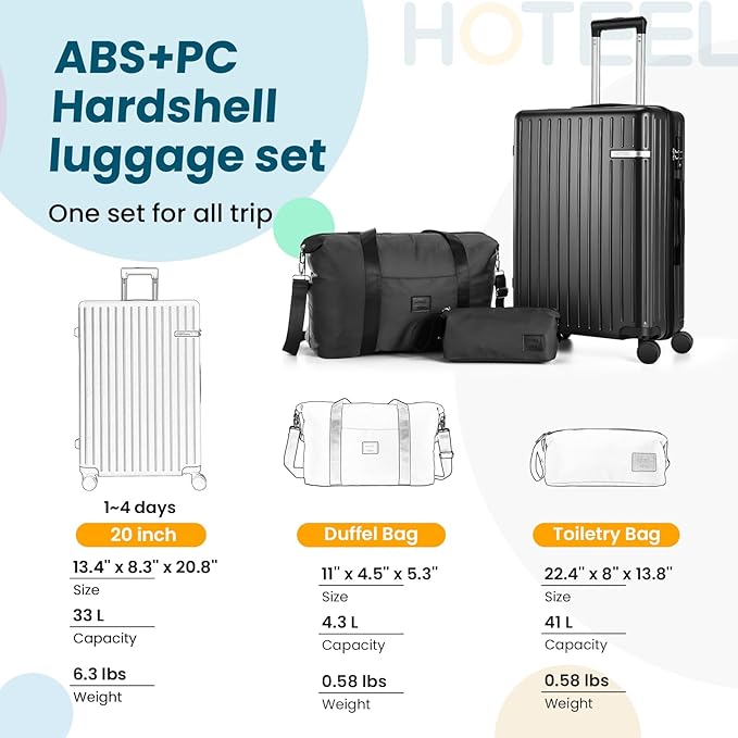 Hoteel Luggage Sets 3 Piece Carry on Luggage with Spinner TSA Lock for Unisex (4-YEAR WARRANTY), ABS+PC Hard Shell Rolling Carry-on Suit Case for Plane, Travel, Business, Gloss Black (20in/DB/TB)