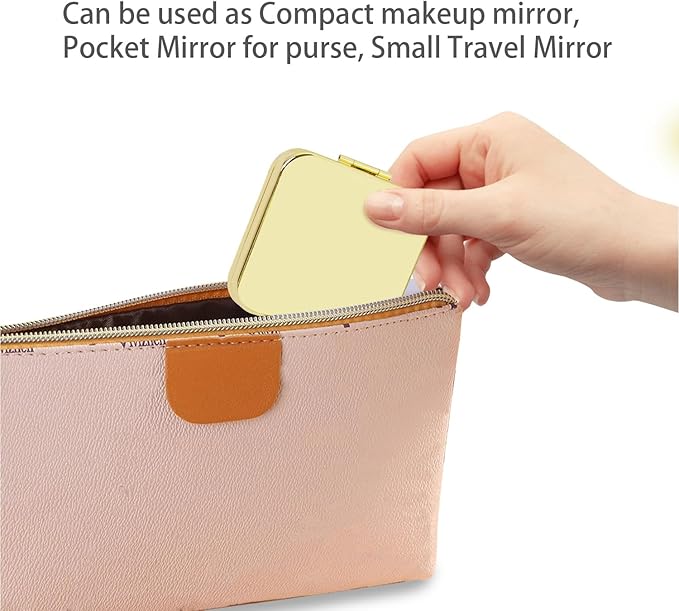 Small Compact Mirror, Gold Square 2.8”×2.8” Metal Frame Smooth Style Double Sided Mini Magnifying 1X/2X Mirror for Purse Can be Used as Gifts for Woman (Gd01)
