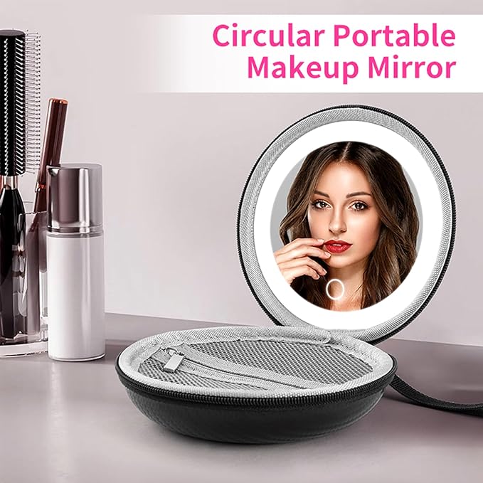LED Makeup Mirror with Storage Pouch Portable Lighted Mirror, USB Rechargeable Travel Vanity Mirror with Waterproof Bag, 3 Color Modes, Gift for Women (Black)