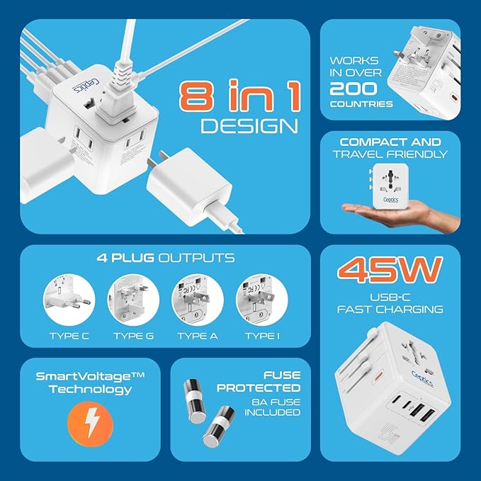 Ceptics Universal Travel Adapter for EU, UK, US, AU and More, 8 in 1 Travel Adapter, 2X US Socket, Universal Socket, 3X USB-C and 2X USB-A, 45W Fast Charge – UP-30KU-WH