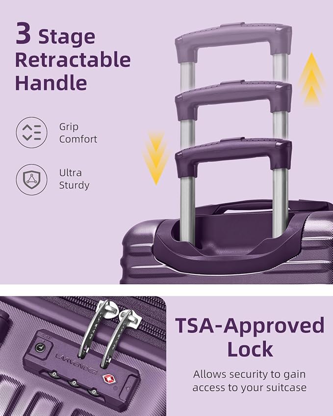 LARVENDER Carry on Luggage 22x14x9 Airline Approved, 20 Inch Hardside Suitcase with Wheels TSA Lock, PC+ABS Lightweight Carry on Suitcases for Women and Men, Purple (20/DB/TB)