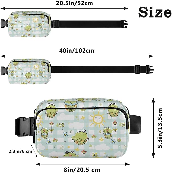 Kawaii Frog Flower Plaid Fanny Pack for Women Men Water Resistant Fashion Waist Packs with Adjustable Strap Belt Bag for Travel Workout Jogging Hiking 21219491