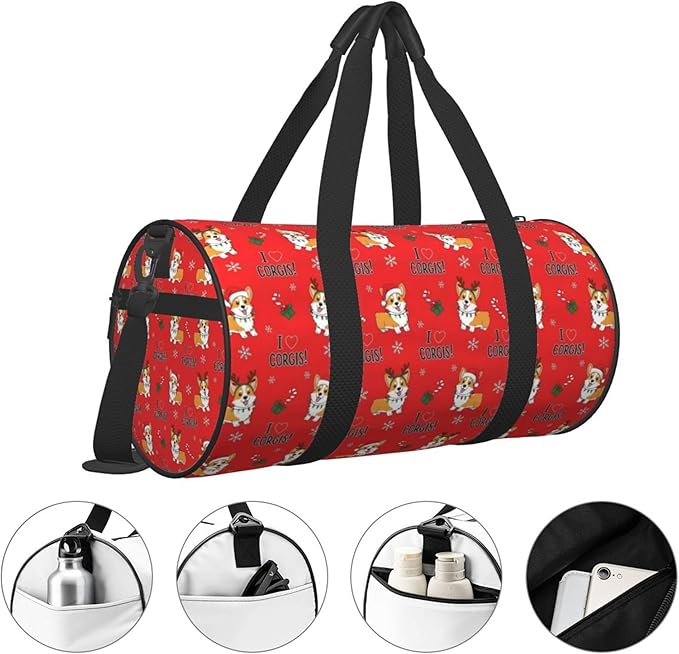Gym Bags for Men Women, Foldable Travel Duffle Bag Christmas Corgi Dogs Red, Lightweight Weekender Water Resistant Workout Sports Bag for Travel Yoga