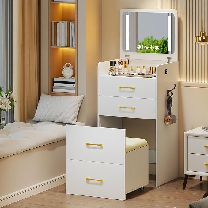 HNEBC 3 in 1 Vanity Desk with Plip Top LED Mirror,Small Dressing Table Set with Visible Glass Desktop,Compact Vanity with 3 Drawers,Storage Compartment and Padded Stool,for Bedroom(White)
