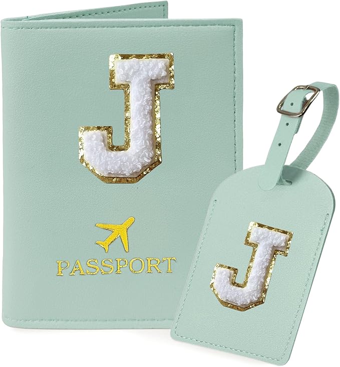 COSHAYSOO Green Initial Passport Cover Holder and Luggage Tag Set TSA Approved with Chenille Letter Patch ABC for Women Teenage Girls, Travel Essentials Must Have Stuff Bag Suitcase Identifier (J)