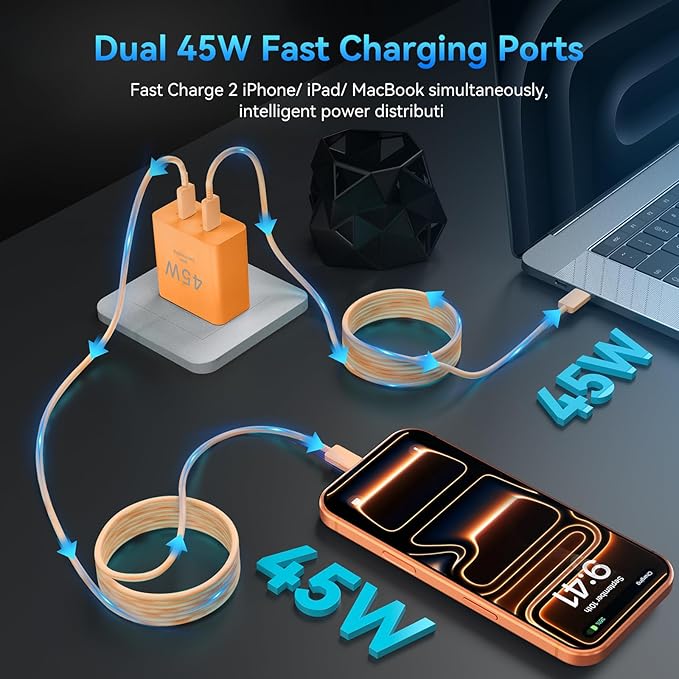 Phone 17 Charger Fast Charging, 45W Dual USB C Charger Block,USB C Wall Chargers with 10FT Long USBC Charging Braide Cable Cord for Phone 17 16 15 Pro Max/Pro/Plus/Air,Pad Pro,S25/S24-cosmic Orange