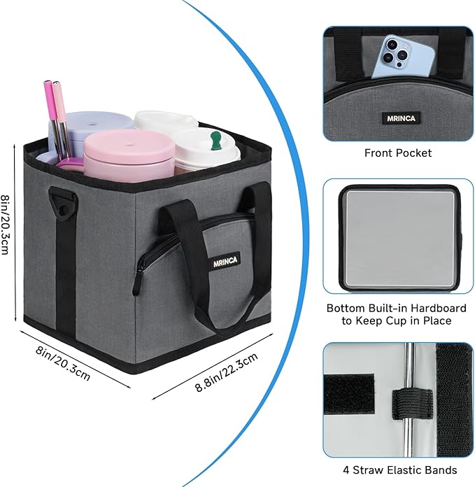 Reusable Drink Carrier with Handle – Insulated, Collapsible 4-Cup Beverage Bag with No-Spill Base, Adjustable Dividers & Shoulder Strap, Portable Caddy for Delivery, Car and Travel, Gray