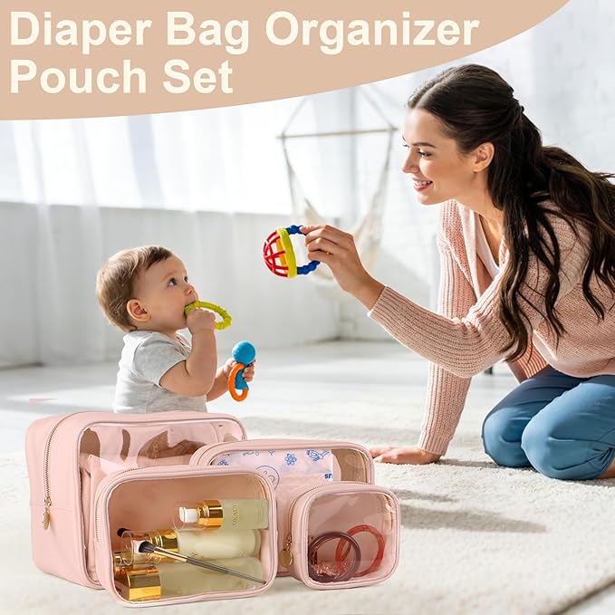 2PCS Clear Makeup Bag Set, Waterproof TPU Purse Organizer Pouches, TSA Approved Toiletry Bag, Diaper Bag Organizer Pouch, Travel Organizer Bags for Women and Kids