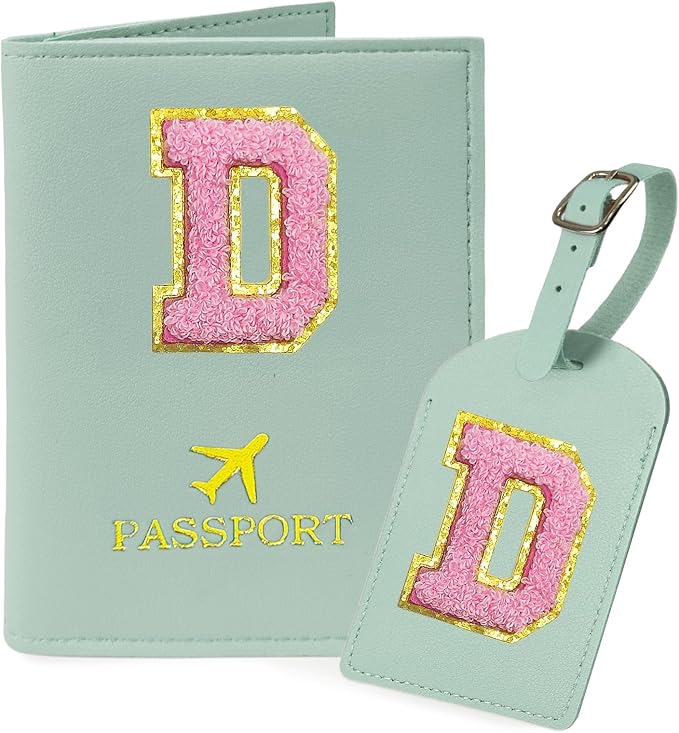 COSHAYSOO Initial Passport Cover Luggage Tag Set Letter Passport Holder Personalized for Women College Teen Girls Kids Airplane Cruise Travel Essentials Vacation Traveling Accessories Teal D