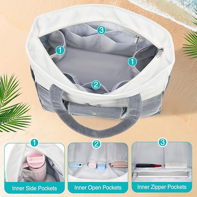 Beach Bags for Women Large Canvas Beach Tote with Zipper Wet Pocket, Waterproof Foldable Swim Pool Travel Tote Bags