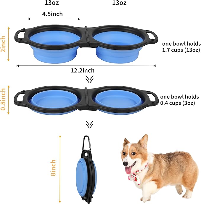 Collapsible Dog Bowls, Portable Travel Pet Feeder Bowl, 2 in 1 Expandable Silicone Pet Food & Water Double Bowl, Cat Feeder Dish with Carabiner for Walking, Traveling, Hiking, Camping