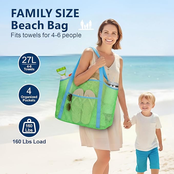 F-color Mesh Beach Bag Family - Large Tote Bag 9 Pockets for Swim Pool Toys Cruise Beach Vacation Essentials
