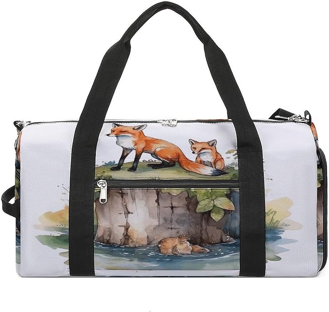 Oxford Cloth Hand Drawn Fox Gym Bag,Duffle Bag with Shoes Compartment And Adjustable Shoulder Straps，Weekender Bags for Men Women.