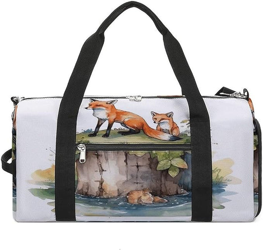 Oxford Cloth Hand Drawn Fox Gym Bag,Duffle Bag with Shoes Compartment And Adjustable Shoulder Straps，Weekender Bags for Men Women.