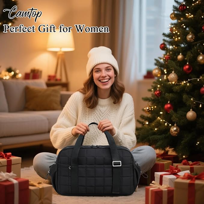 CAMTOP Mini Gym Bag for Women, Small Gym Tote Bag Puffy Quilted Sports Duffel Bag with Wet Compartment and Coin Purse Duffel Bags Dance Yoga Workout Bag for Gifts (Black, Medium-16")
