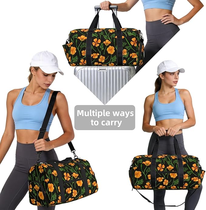California Poppies, Summertime Flowers Women'S Gym Duffle Bag With Shoes Compartment, Ideal For Travel, Gym, Sports, Duffel, Weekender