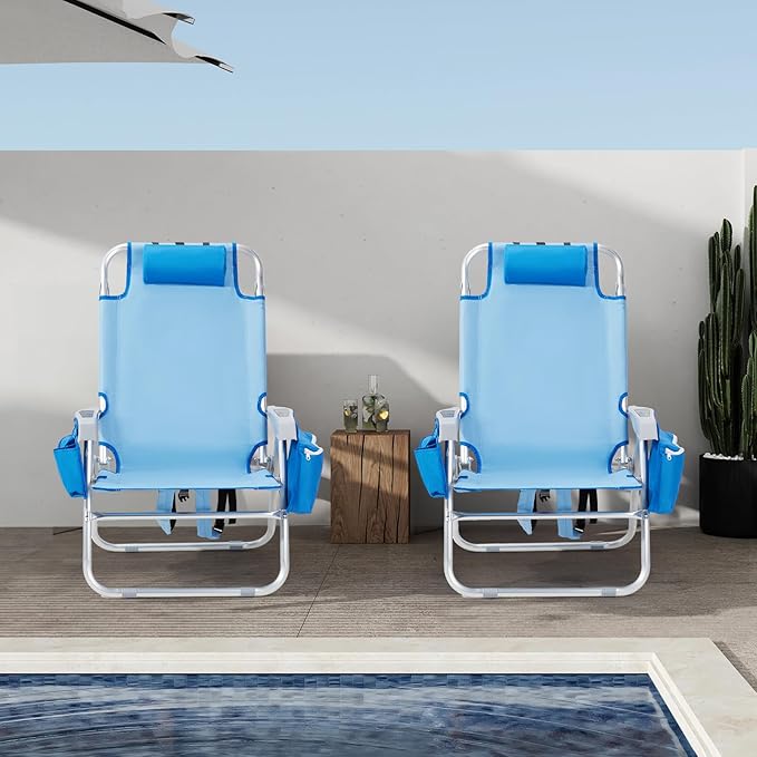 VINGLI Backpack Beach Chair 2 Pack, with 5-Position, Cup Holders, Cooler Bag, Towel Bar, Lightweight Folding Beach Camping Chairs for Adults(Blue-13)