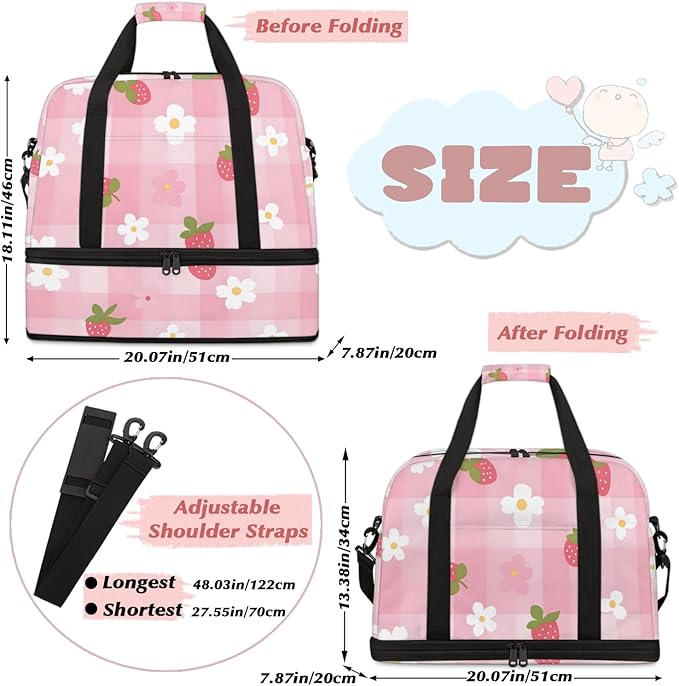 Fruit Strawberry Sports Gym Duffel Bag for Men Women Buffalo Check Floral with Shoe Compartment Weekender Overnight Bags Travel Bag Carry on Backpack for Swim Fitness Workout