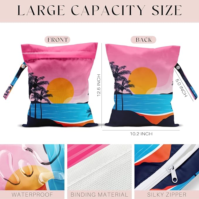 Wet Bag, Wet Dry Bag, Waterproof Swim Bags, Machine Washable Reusable Bags for Beach, Pool, Diapers, and Dirty Yoga Gym Clothes(Pink Sunset Beach Pattern