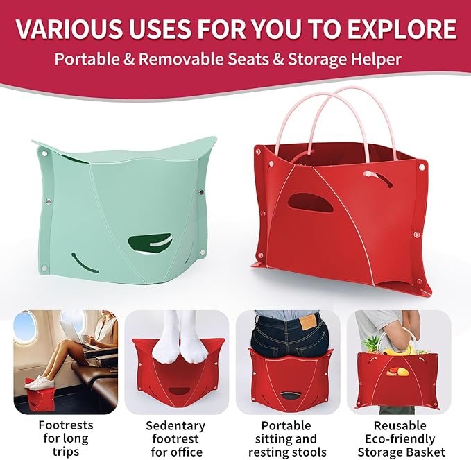 Travel Foot Rest for Airplane & Office - Portable Under Desk Foot Stool, Relieves Back & Knee Pain, Comfort for Long Flights, Cars, Subways & Trains (Red)