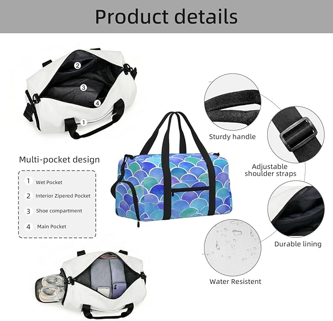 Sports Gym Bag Mermaid Scales Blue Purple Travel Duffel Bag With Shoe Compartment Shoulder Strap, Lightweight Water-Resistant Weekend Overnight Totes For Women Men