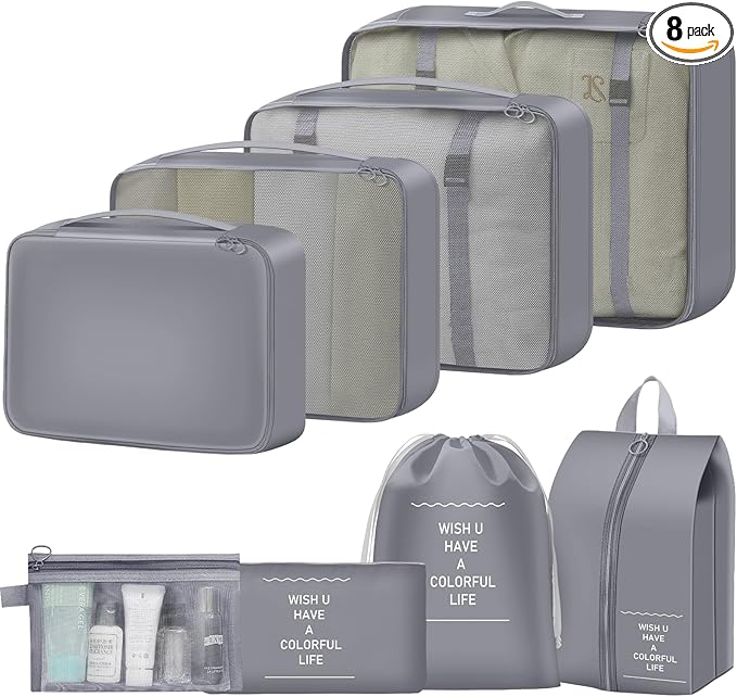 8 Set Packing Cubes for Travel Luggage Organizer Bags for Family, Mesh Packing Cubes for Suitcases, Travel Essentials Bags Set for Women & Men