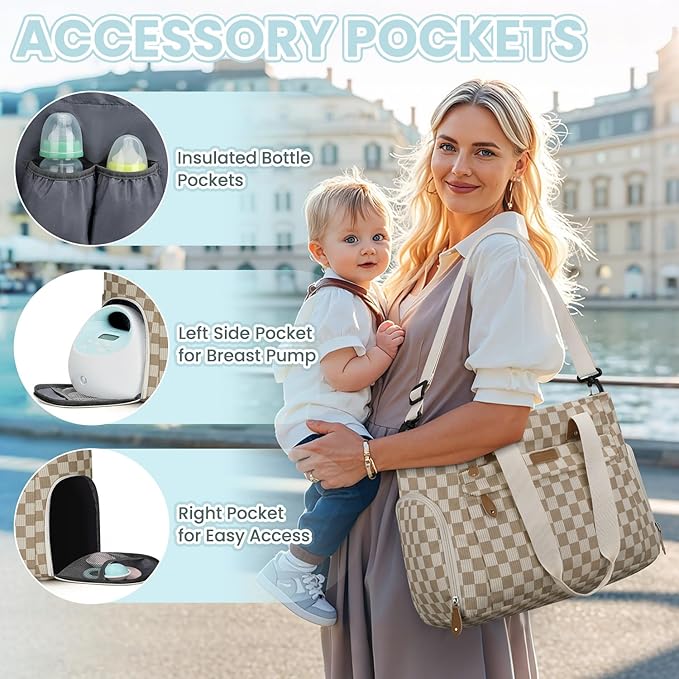 Large Travel Diaper Bag Tote with 14 Inch Laptop Sleeve, Breast Pump Bag for Mom and Dad, Mommy Maternity Travel Baby Bag for Boys and Girls, Plaid
