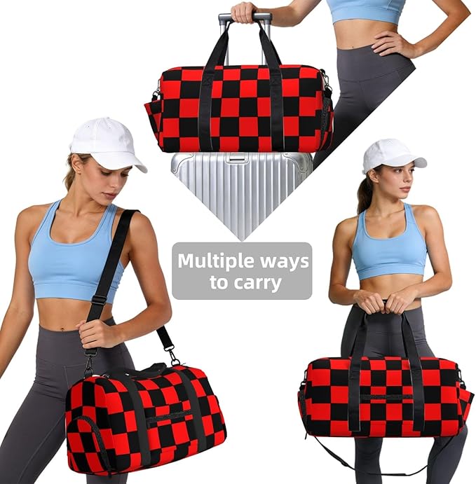 Checkered Flag Red Black Women'S Gym Duffle Bag With Shoes Compartment, Ideal For Travel, Gym, Sports, Duffel, Weekender