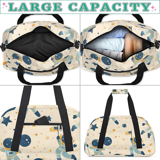 Cute Astronaut Gym Travel Duffle Bag for Women & Men with Front Zipper Pocket for Sports, Overnight, Weekender, Carry On,Workout & Dance Bag,Cute Space,18.9 * 8.7 * 10.6 in