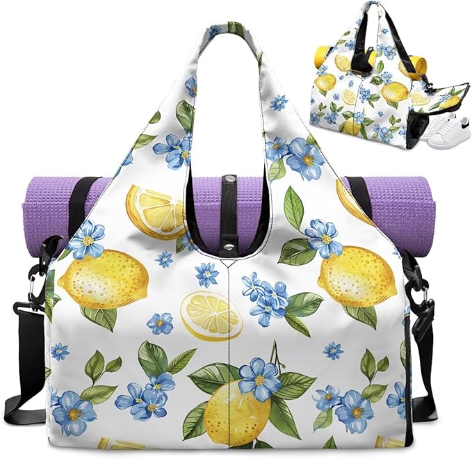 Gym Bag Women Lemon Duffel Bag with Wet Pocket, Shoes Compartment, Double Zipper, Small Duffle Bag Lightweight Breathable Waterproof Overnight Bag
