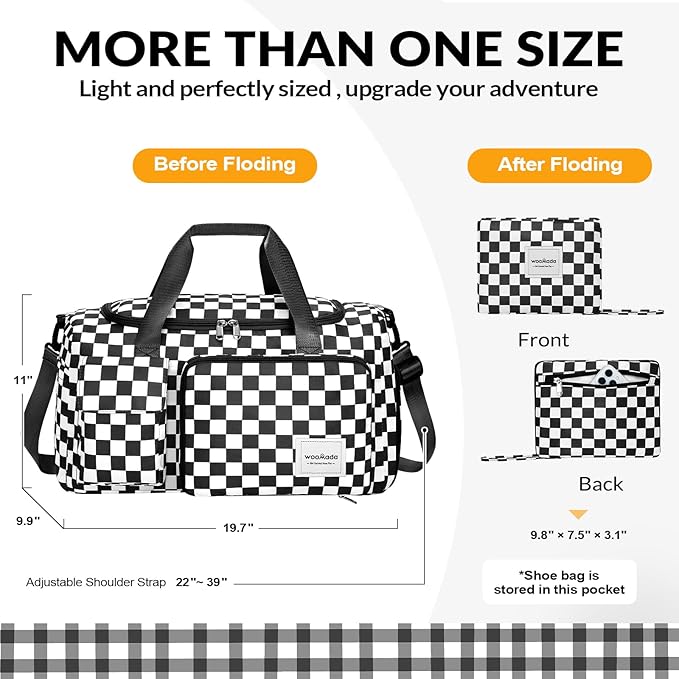 WOOMADA Foldable Travel Duffel Bag for Women, Weekender Bags with Shoes Compartment,Overnight Bag with Wet Pocket & Trolley Sleeve(black&white checkboard)