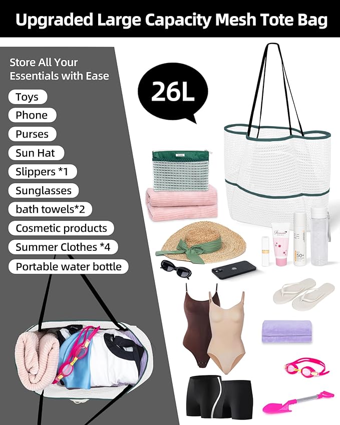Mesh Beach Tote Bag Packable,2026 New 2-in-1 Large Lightweight Foldable Beach Bags with Multiple Pockets for Women