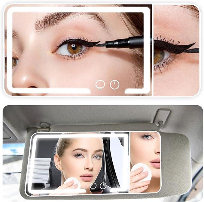 Car sun visor makeup mirror, equipped with 3x magnifying glass and three-color adjustable brightness soft light mirror, rechargeable, suitable for all models (Black)