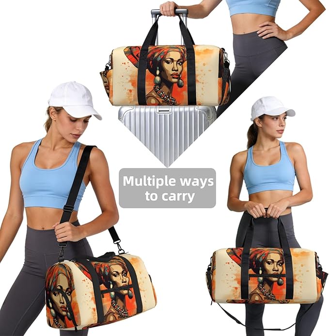 Sports Gym Bag Ethnic Bohemian African Woman Art Painting Travel Duffel Bag With Shoe Compartment Shoulder Strap, Lightweight Water-Resistant Weekend Overnight Totes For Women Men