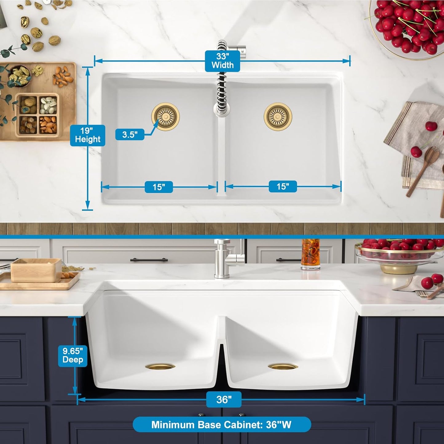 33 Inch Classic White Undermount Granite Composite Kitchen Sink Under Counter Quartz Single Bowl Sink Workstation Sinks with Accessories Quick Drain Noise Reduction Home Renovation Gold Accessories