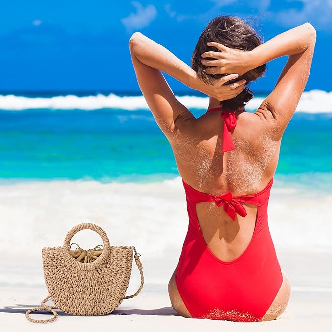 Pleneal Straw Beach Bags for Women - Women Beach Handmade Woven Tote Bag, Summer Mesh Hollow Shoulder Bag for Holiday