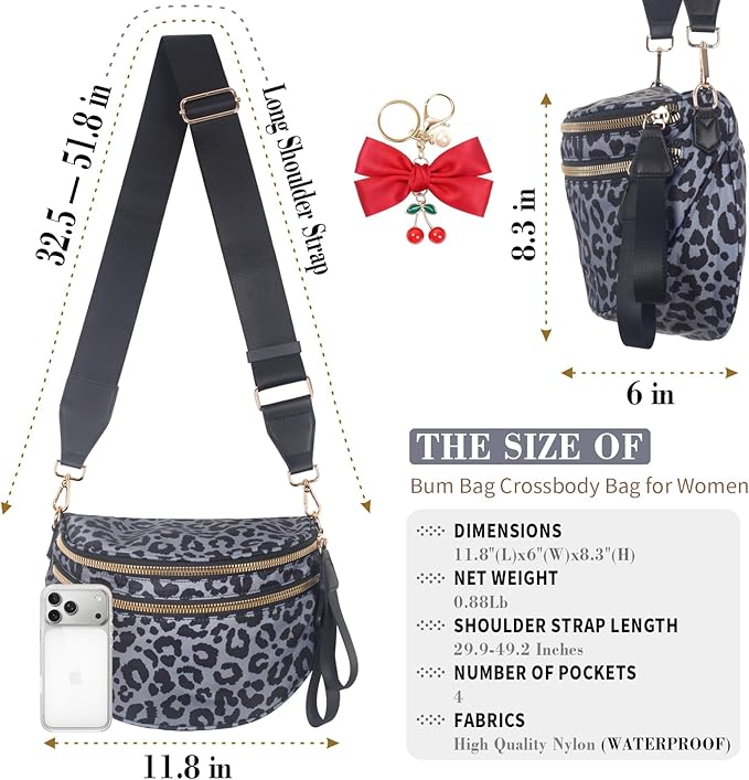 Bum Bag Crossbody Bag for Women | Spacious Bum Bags | Nylon Crossbody Fanny Packs | Leopard Purse Belt Wallet (Color Bum Bag-Grey Leopard)
