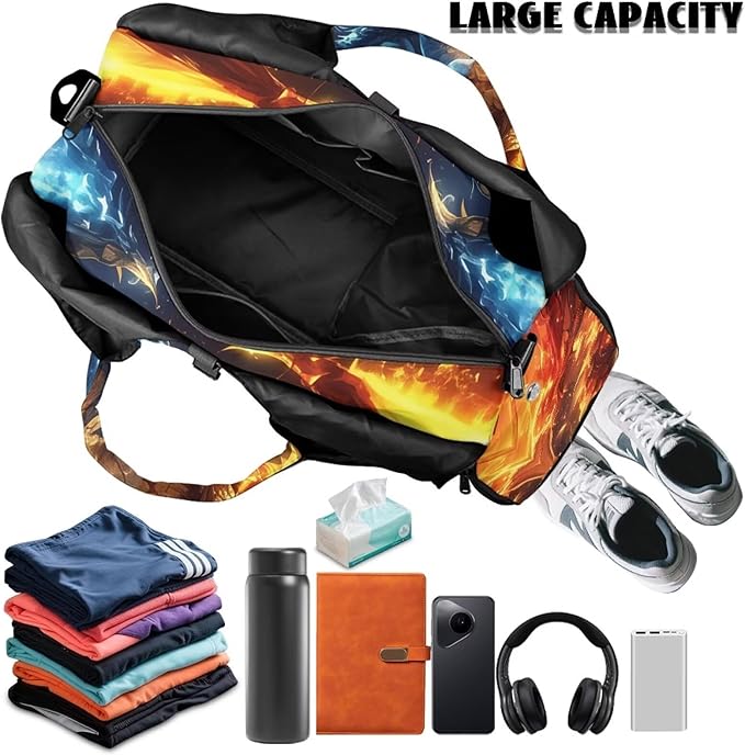 Novelty Sports Duffle Bag for Men Fire Dragon Gym Bag with Shoe Compartment Waterproof Large Capacity Sport Tote Bag with Adjustable Shoulder Strap Zipper Pockets,Yoga Mat Holder Bag