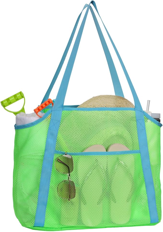 F-color Mesh Beach Bag Family - Large Tote Bag 9 Pockets for Swim Pool Toys Cruise Beach Vacation Essentials