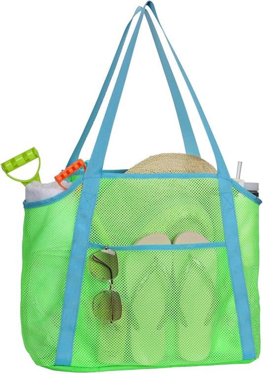 F-color Mesh Beach Bag Family - Large Tote Bag 9 Pockets for Swim Pool Toys Cruise Beach Vacation Essentials
