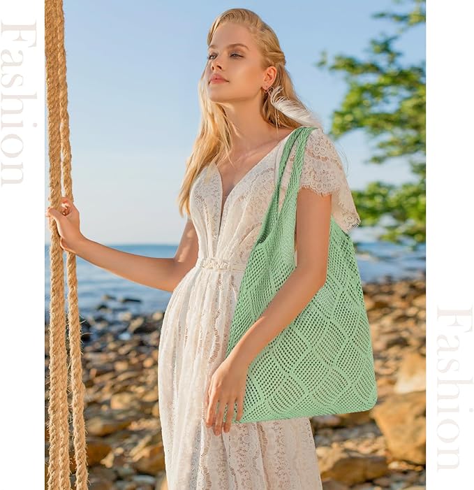 Sightor Crochet Tote Bag, Mesh Beach Bag Knit Summer Hobo Bag Vacation Boho Tote Bag for Women