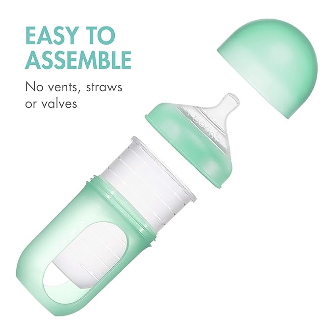 Boon Nursh Reusable Silicone Pouch Baby Bottles - Medium Flow Nipple - Silicone Baby Bottle Pouch and Nipple - Baby Feeding Essentials - Mint - 3-6 Months - 3 Count - 8 Ounce
