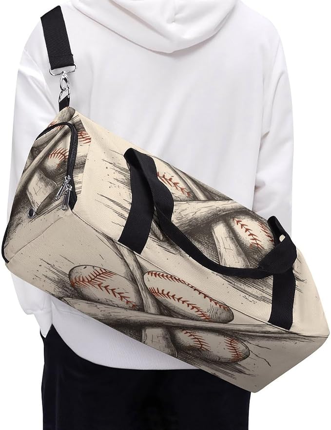 Oxford Cloth Hand Drawn Baseball Bats And Ball Gym Bag,Duffle Bag with Shoes Compartment And Adjustable Shoulder Straps，Weekender Bags for Men Women.