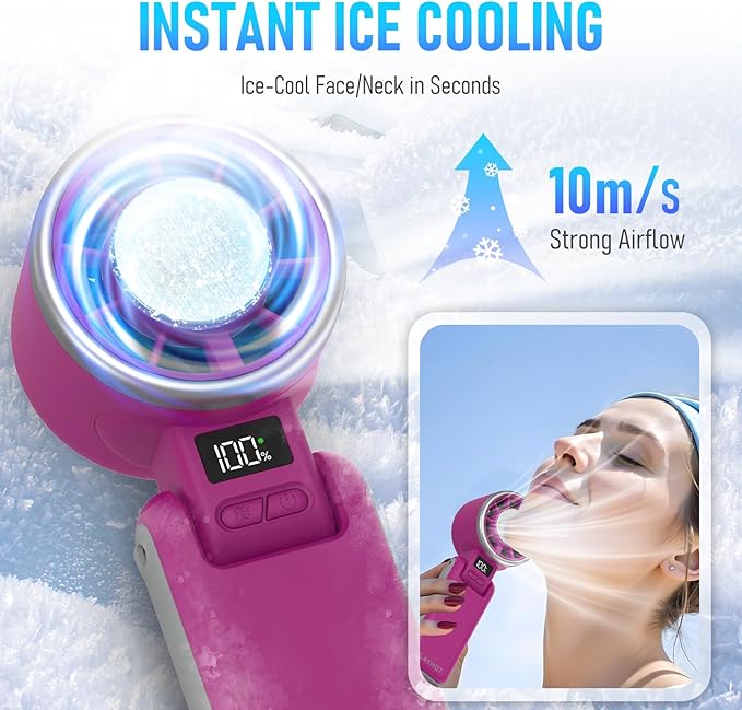 Portable Handheld Turbo Fan with Ice Cooling, Rechargeable Personal Fan, Up tp 12Hrs Cooling, 5 Speed 25550RPM Powerful Portable Fan for Travel, Outdoor, Camping, Hiking (Magenta)