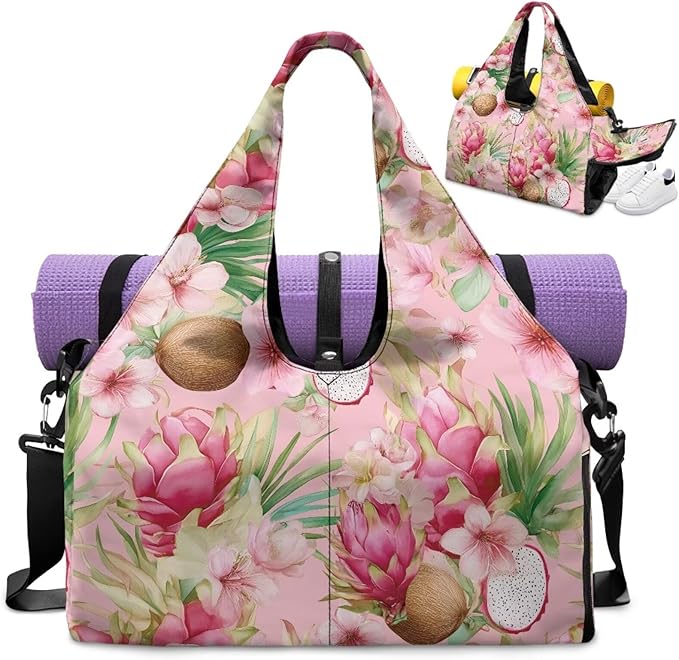 Gym Bag Women with Shoe Compartment, Dragon Fruit Travel Tote Bag with Wet Dry Pocket, Double Zipper, Lightweight Sports Bag for Office Weekend Travel Shopping